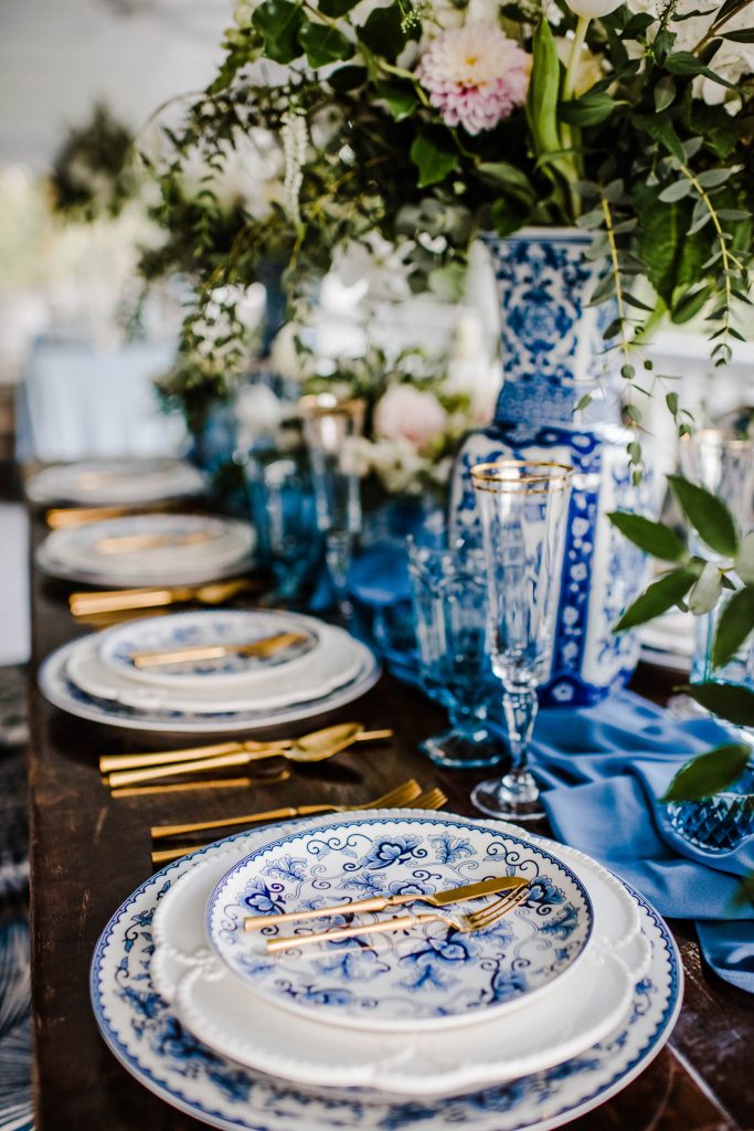Classic Blue vintage plates with gold flatware table setting