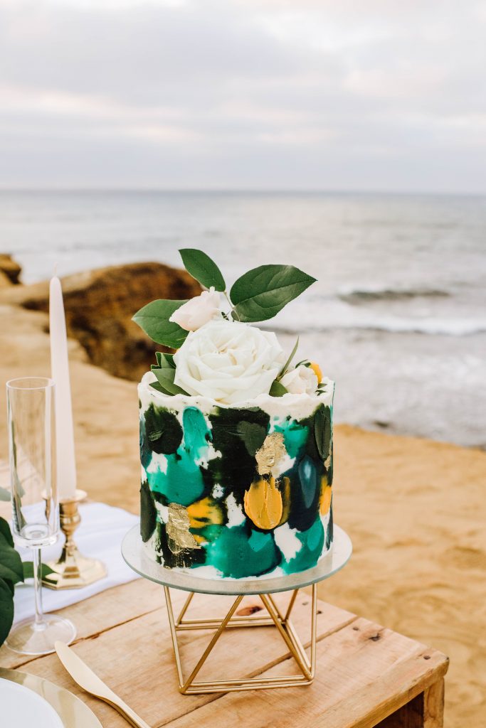 Watercolor inspired vow renewal cake featuring yellow and greens in San Diego, CA