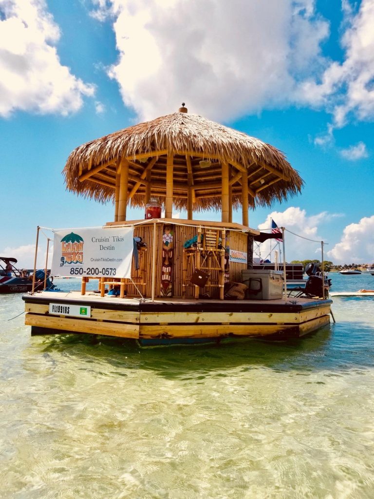 BAchelorette party on a floating tiki bar to Crab island in destin, FL