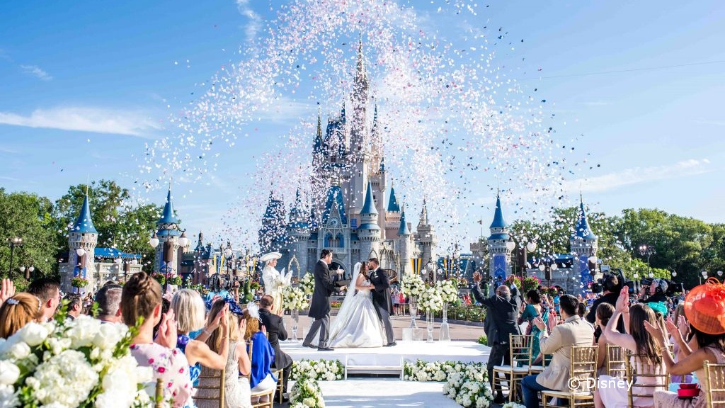 Disney World Wedding with Cinderella's Castle in the background